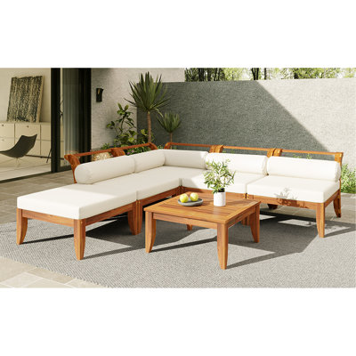 6 pièces d'extérieur en bois, configuration en forme de L, housses de coussin amovibles à fermeture à glissière, idéales pour les barbecues d'un lit de jour convertible, 5 coussins, une table à thé, une réception de jardin