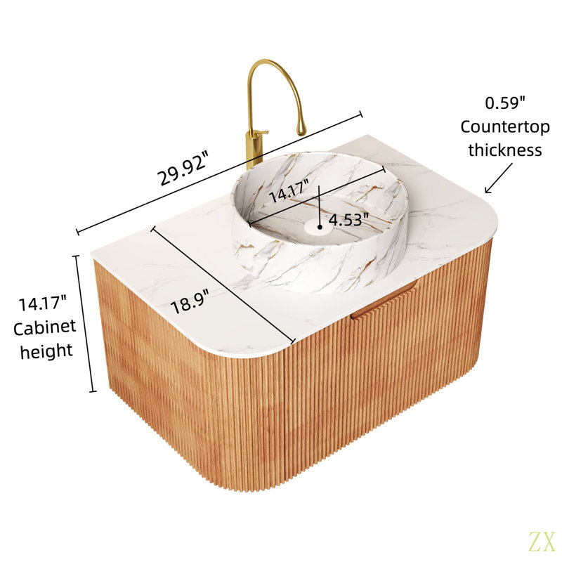 DINA 30" Bathroom Vanity & Sink, Wall-Mounted Floating Curved Edges Striped Bathroom Storage Cabinet With Drawer Round Ceramic Basin With Stone Pattern, Pre-Assembled