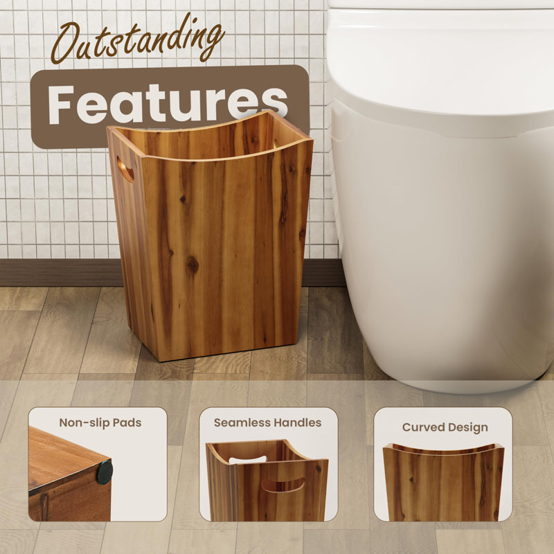 Poubelles rectangulaires 2 gallons - Corbeille pour déchets en bois d'acacia avec poignées - Petite poubelle pour salle de bain - Poubelle brune