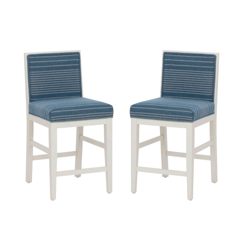 Regina Solid Maple Wood Blue Stripe Counter Stool Set of 2, Blue