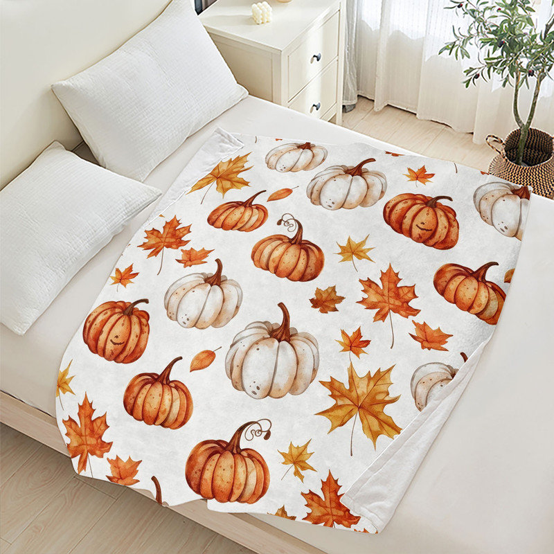 Jeté en flanelle JYK, Watercolor Pumpkins Leaves