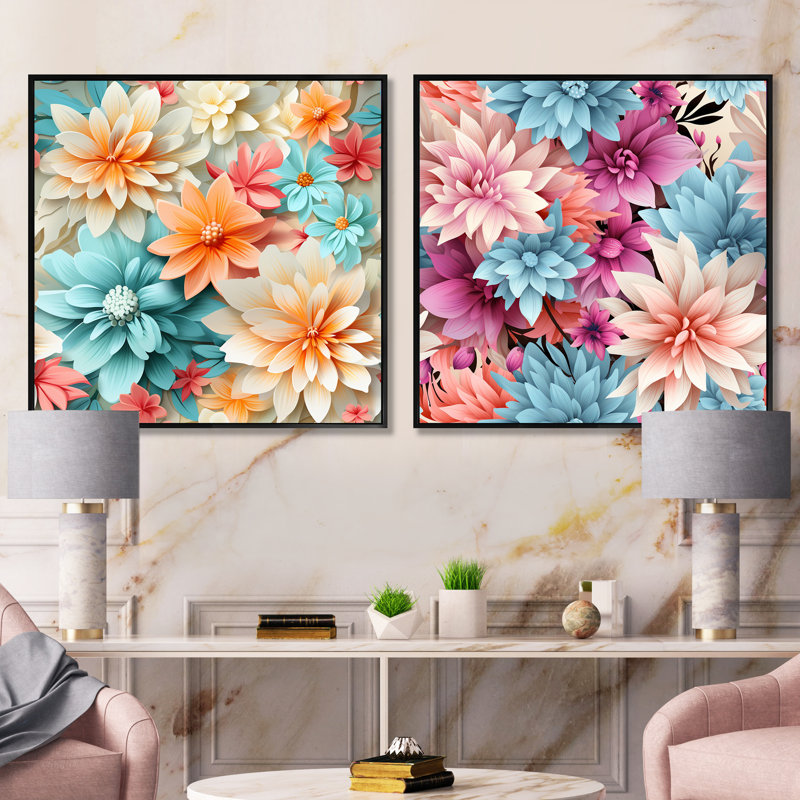 Grecia - Ensemble de 2 collages floraux carrés, Cadre flottant noir, H 36 po x l 73 po