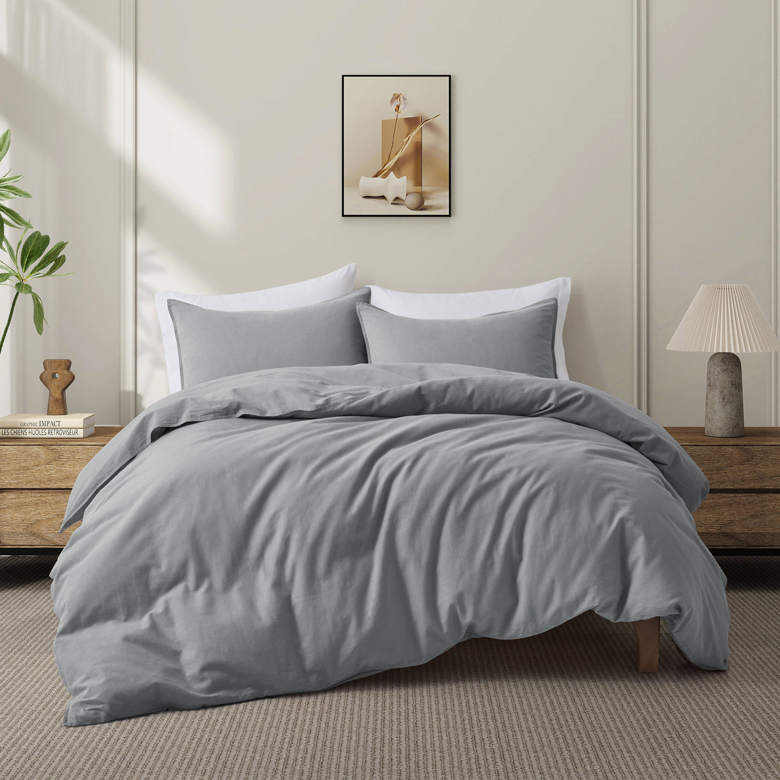 Boseman 100% Linen Duvet Reversible Duvet Cover Set, King Duvet Cover + 2 King Pillowcases, Gray