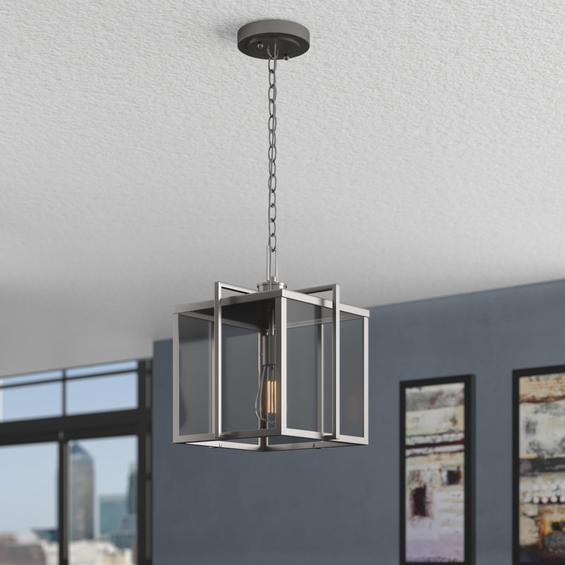 Luminaire suspendu carré simple à 1 lumière Gologan, H 15 po x l 10 po, Nickel brossé
