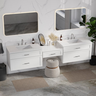 Disar 96" Floating Wall Mounted Double Bathroom Vanity With Desk  Carrara Quartz Top