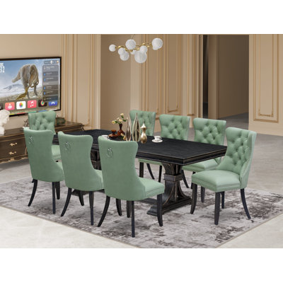 Ensemble de table de salle à manger 9 pièces comprenant une table rectangulaire et 8 chaises en similicuir vert saule, noir sablé