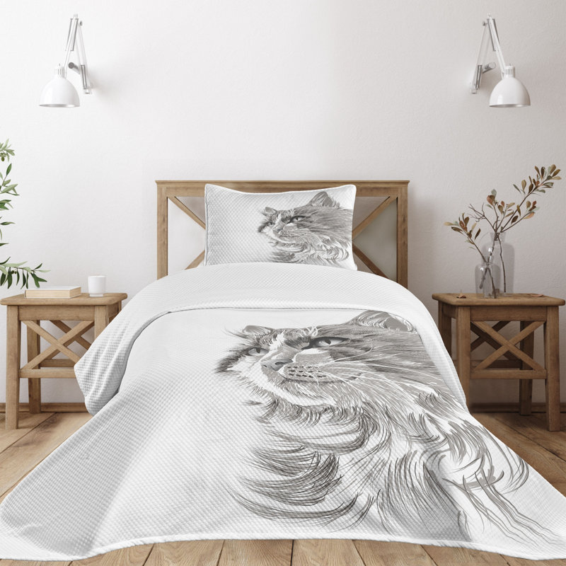 Twin White Quilted Bedspread Set with Cat Design
