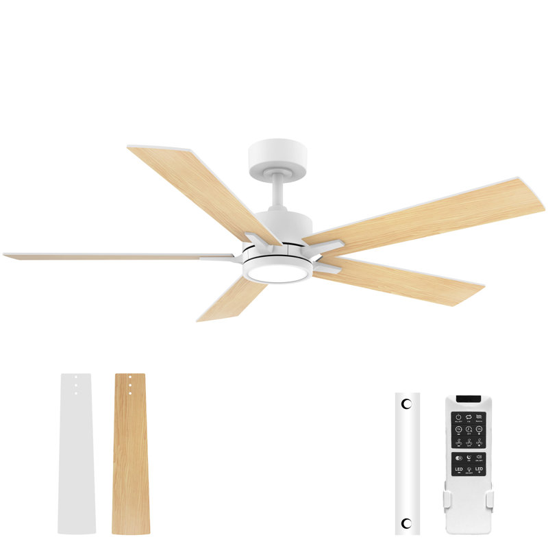 52" 5-Blade Modern Wood Ceiling Fan with Light Kit and Remote Control, 6-Speed, Quiet DC Motor, Indoor/Outdoor