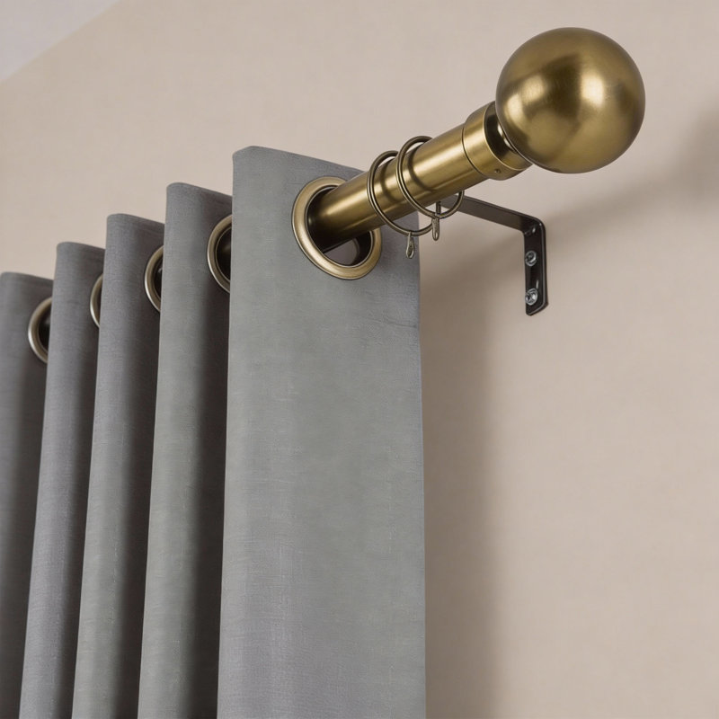 Extendable Metal Curtain Pole - Adjustable Plain Metal Rod with Finials & Brackets for Eyelet/Tab-Top Curtains, Antique Brass