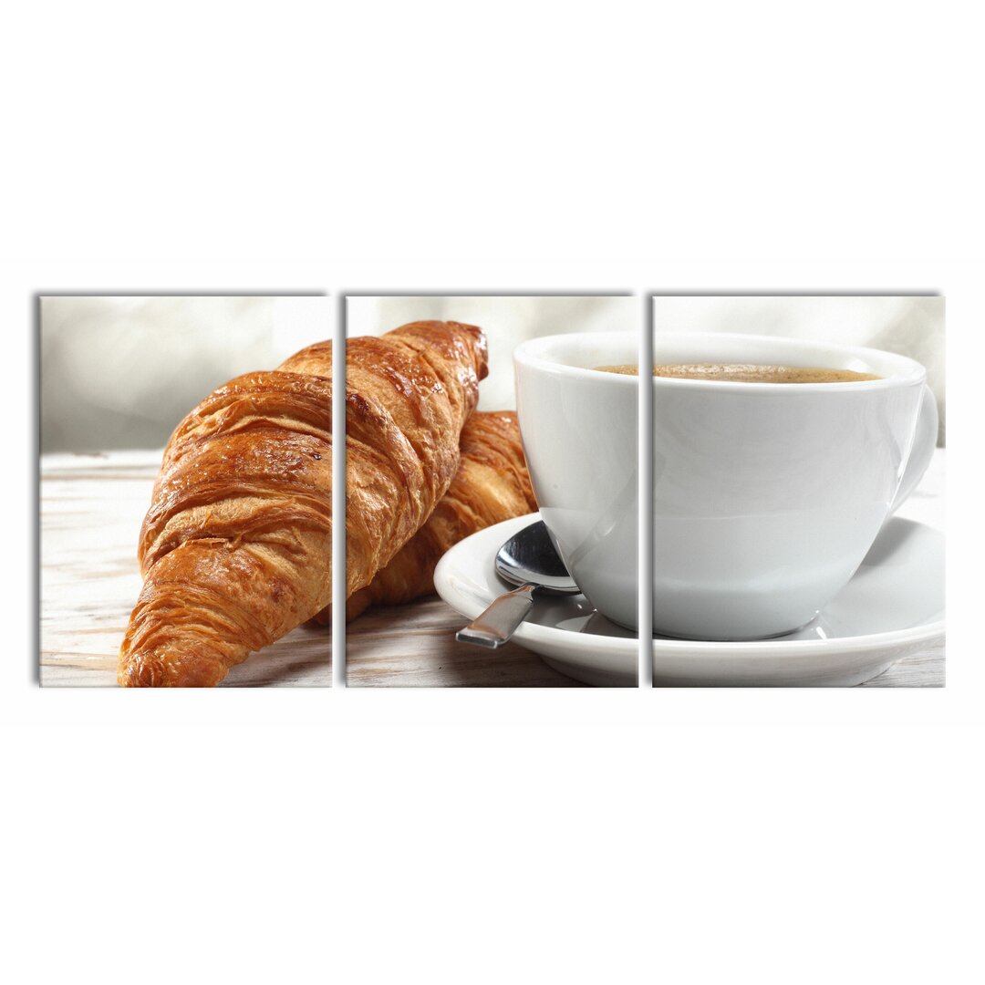 3-tlg. Leinwandbilder-Set Frisches Croissant und Kaffee