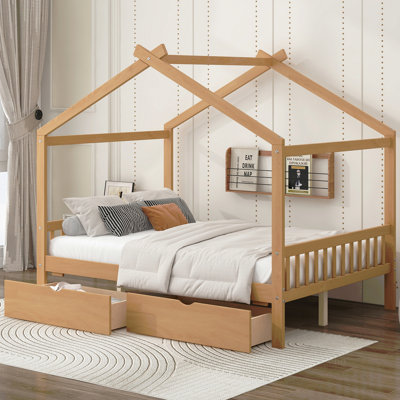 Full Size House Platform Bed With Two Drawers,Headboard And Footboard,Roof Design
