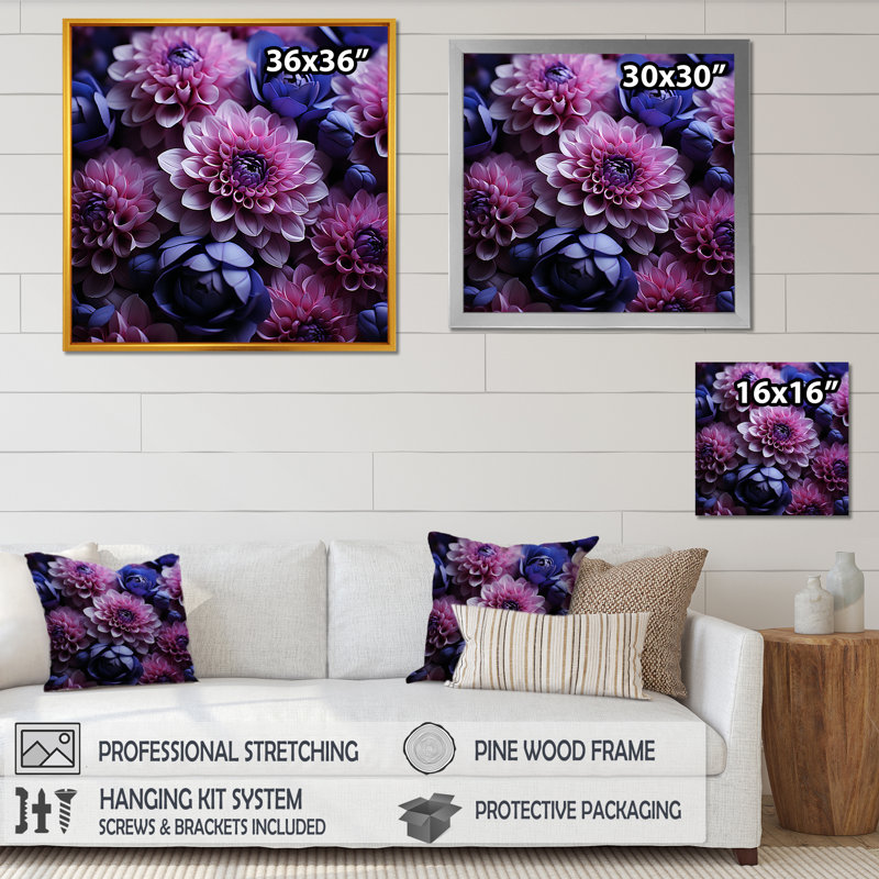 «Purple Mums Blooming Bouquet» - Art mural de mamans, Cadre doré simple, H 36 po x l 36 po x P 1,5 po