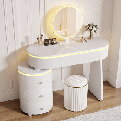 44" Small Vanity Desk with Adjustable Length & Reversible Side Cabinet – White Makeup Table with Detachable 3-Colour Mirror, 3 Drawers – Compact Dressing Table for Bedroom, Dorm, Apartment – Space-Saving Design