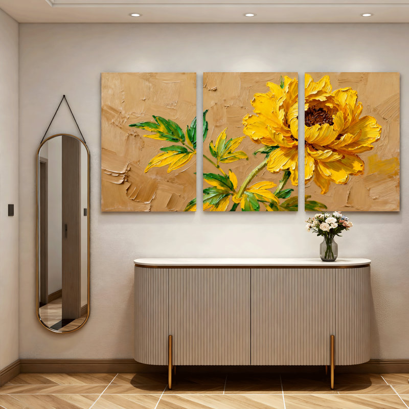 Tableau mural sur toile tendue, motif floral de pivoine jaune, style abstrait moderne (paquet de 3), H 24 po x l 48 po