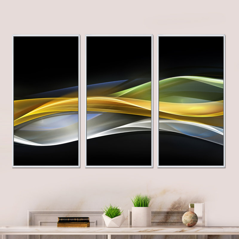 Or, lignes droites jaunes dorées - ensemble de 3 toiles abstraites encadrées sur toile, H 28 po x l 36 po x P 1 po