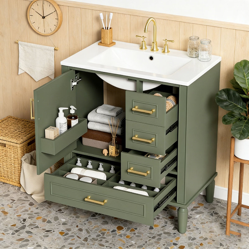 Meuble-lavabo moderne avec lavabo en céramique, 30"+Olive Green