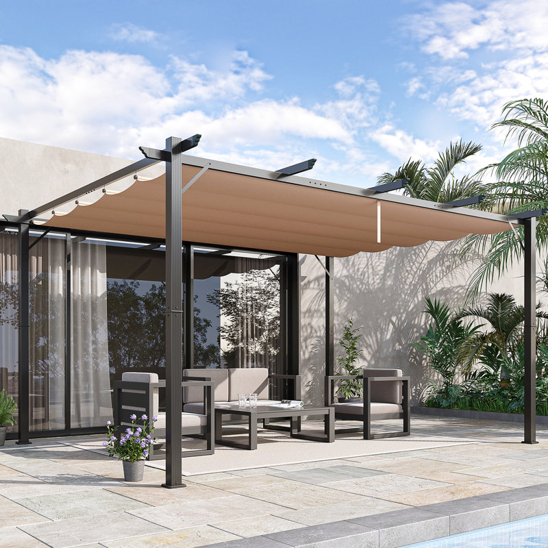 Patio Pergola With Retractable Cover 10' X 13' - Backyard Shade For Terrace, Outdoor Occasion, Garden Charcoal Gray