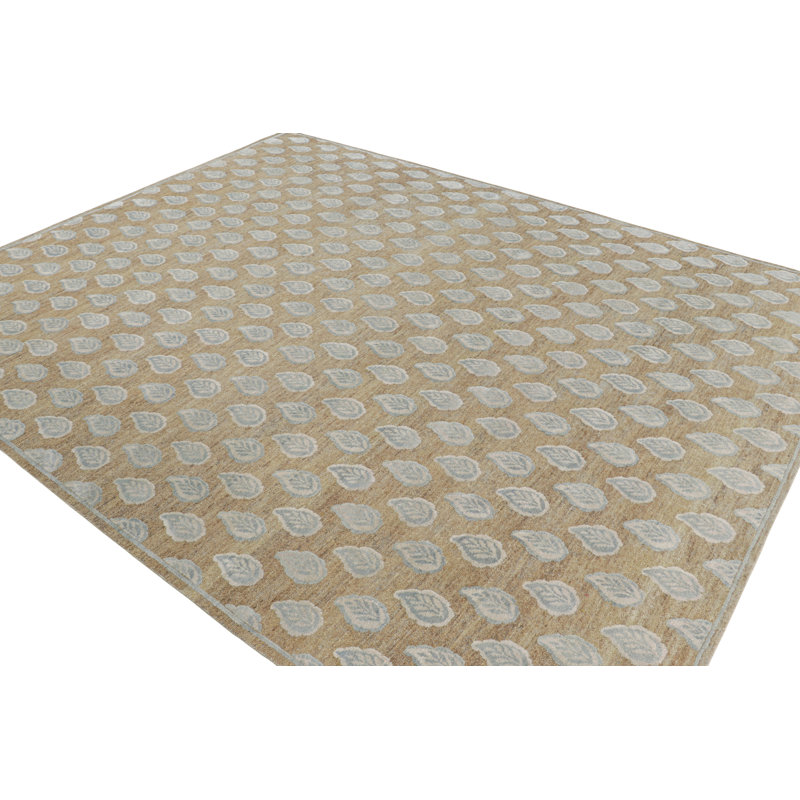 Rug & Kilim’S Modern Block Print Rug In Beige With White And Blue Floral Pattern, Rectangle 10' x 14'