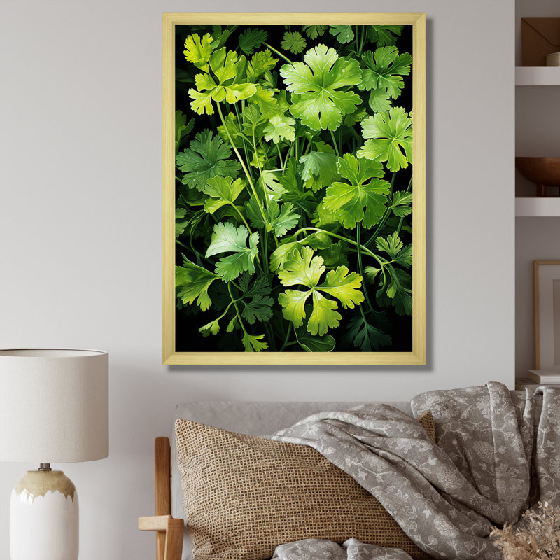 Herbes, coriandre, éclaboussure 4 - Art floral, Cadre doré simple, H 32 po x l 24 po x P 1 po