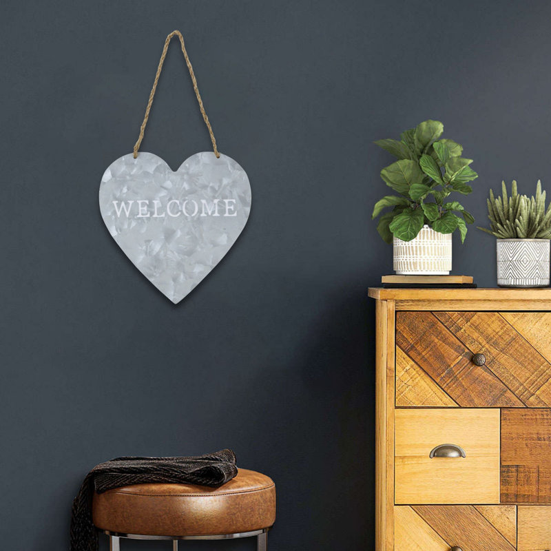 10" Gray Galvanized Metal Heart Shaped Welcome Wall Decor, 9.5' x 9.5' x 0.25'