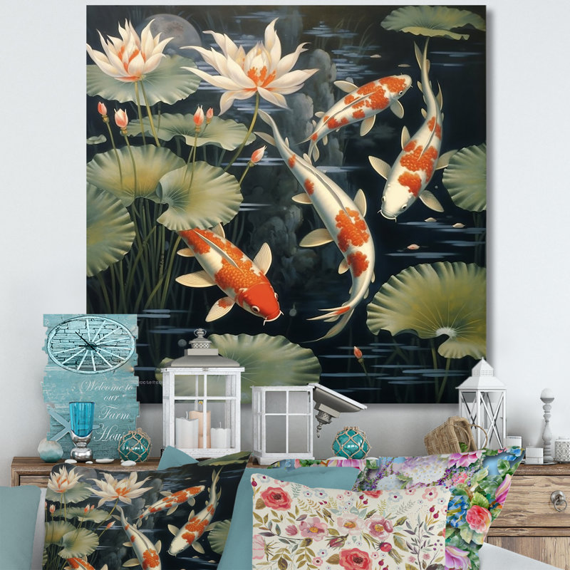 Lotus et poisson Koi représentant la pureté - décoration murale Lotus, H 30 po x l 30 po x P 1 po, Toile tendue