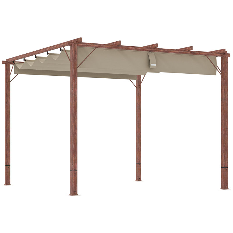 Outsunny 3 x 3(m) Garden Pergola with Retractable Roof Canopy and Wood Grain Aluminium Frame, Natural