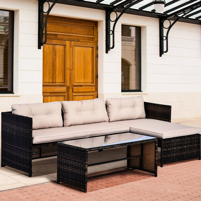 Sofa d'extérieur 3 pièces - Terrasse avec méridienne et coussins moelleux, table en verre facile à nettoyer, protection, beige, verre trempé confortable, usage par tous les temps.