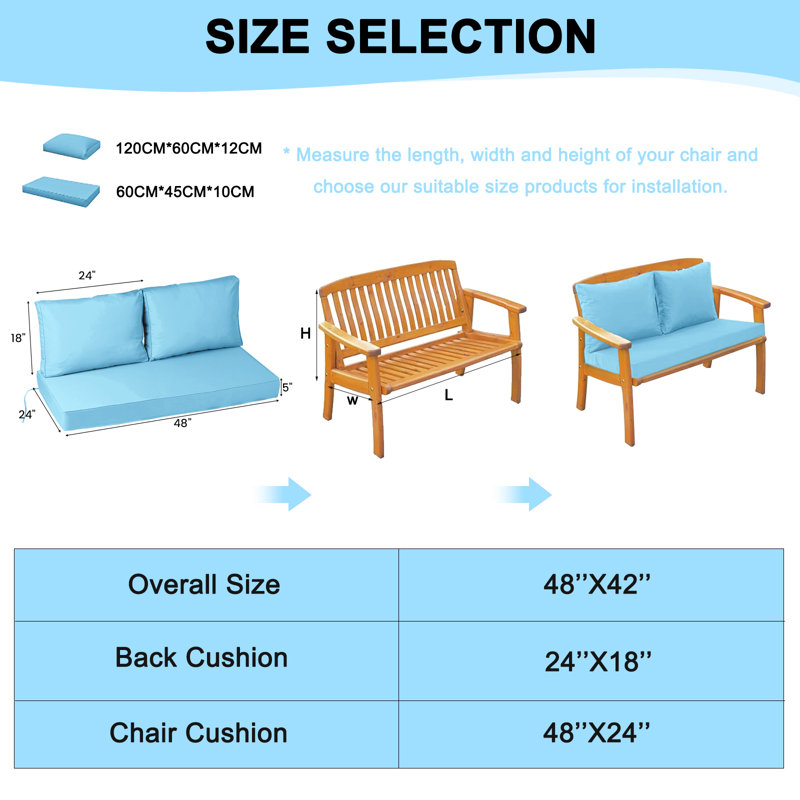 Outdoor Loveseat Cushion Set, 48 X 24, Water Repellent, Fade Resistant, Cushion Set For Couch, Bench, And Swing, Sky Blue