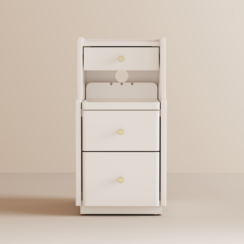 Solid Wood Nightstand with Raised Edge Top, Sliding Shelf, Cable Cutout & Skirting Board Clearance, White, 11.81" W
