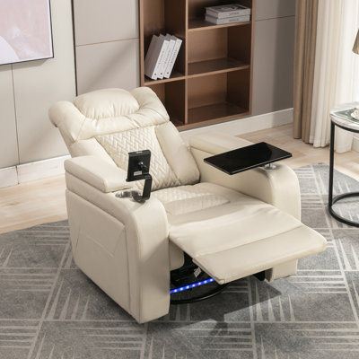 270 Degree Swivel PU Leather Power Recliner Individual Seat Home Theater Recliner With Tray Table,  Phone Holder, Cup Holder,  USB Port, Hidden Arm Storage For Living Room