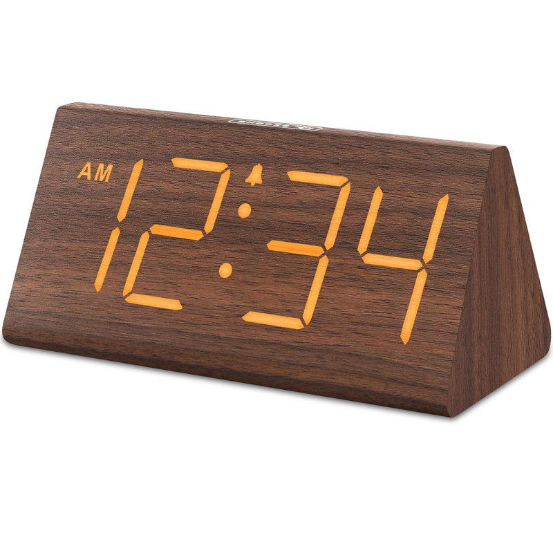 Réveil numérique en bois pour chambre à coucher et bureau, horloge numérique avec grands chiffres, Brown