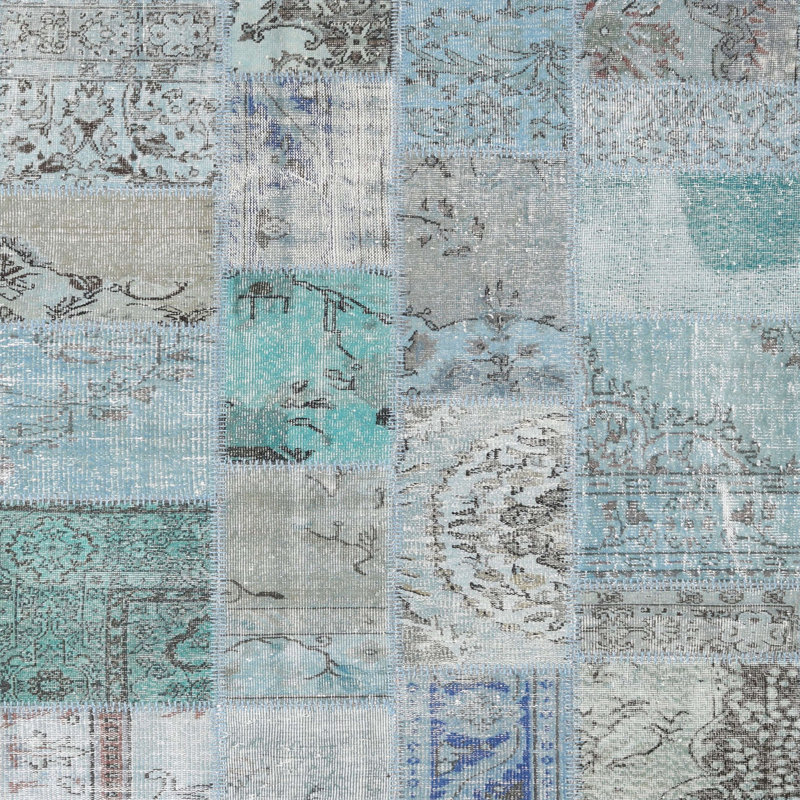 Tapis bleu/gris contemporain, Carré 6 pi