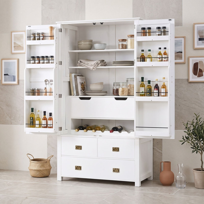 Meuble de cuisine avec 4 tiroirs, 8 tablettes de porte, casier à vin intégré et tablettes ajustables pour salle à manger