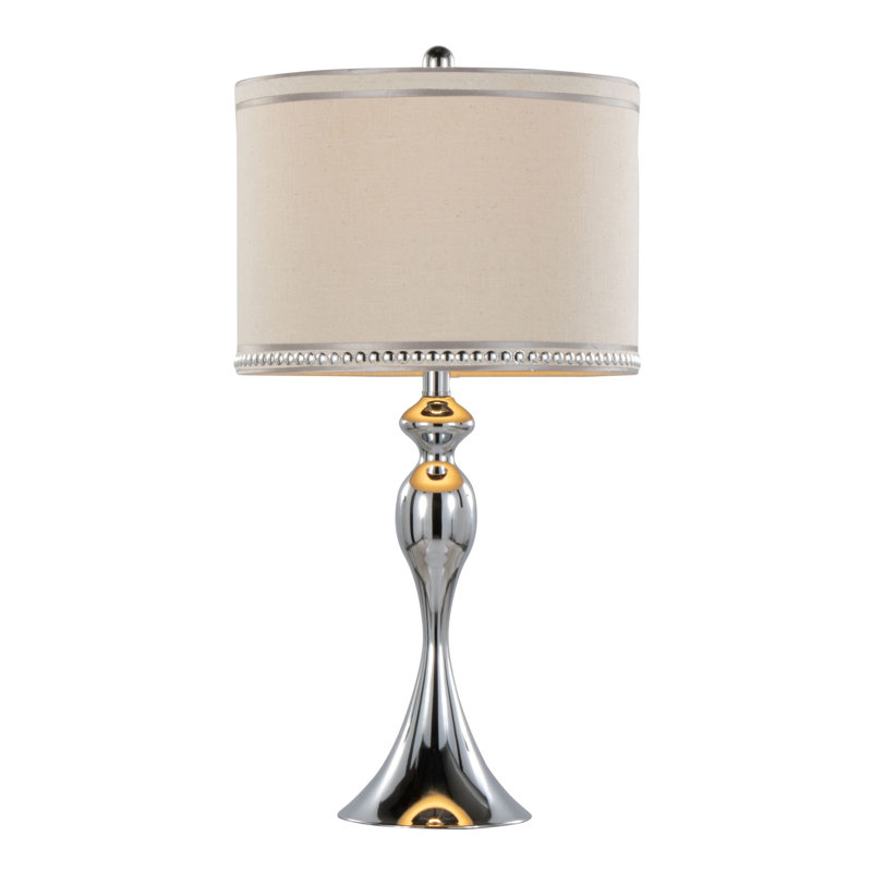 Lampe de table contemporaine 27 po, chrome poli avec abat-jour en lin crème et garniture, ensemble de 2