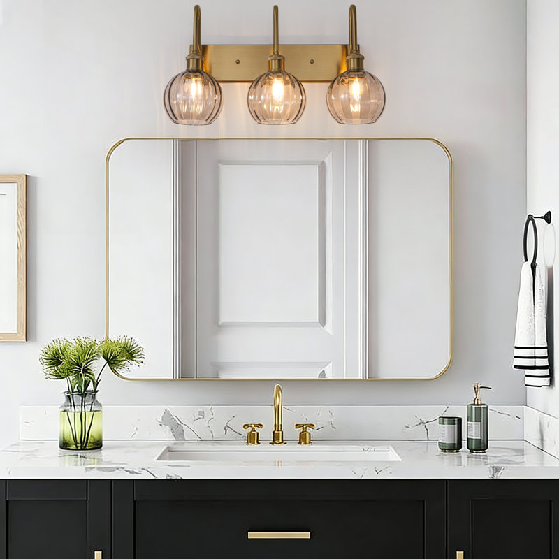 3-Light Dimmable Sphere Globe Ribbed Glass Bathroom Vanity Light, Brushed Gold