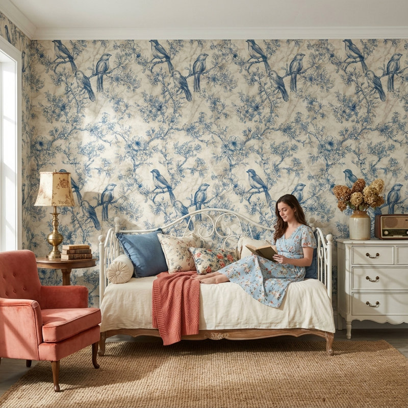 Papier peint floral avec oiseaux