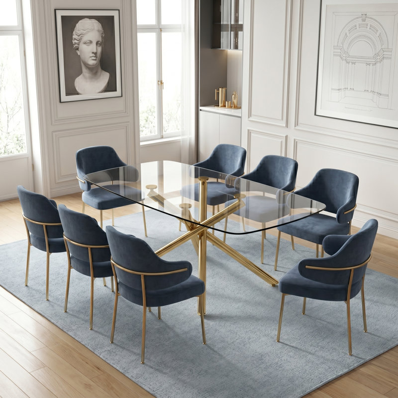 Modern 71" Rectangular Tempered Glass Dining Table with Gold X-Shape Metal Legs, Seats 6-8