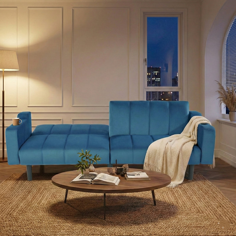 80 inch Modern Convertible Sleeper Sofa,Velvet Blue Sofa with Adjustable Backrest for Studio, Apartment, Office, Small Space, Compact Living Room