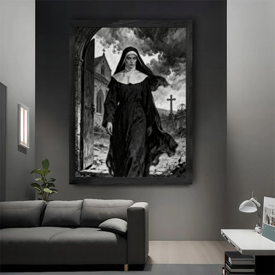Art mural rétro noir et blanc avec nonne, impressions de style gothique