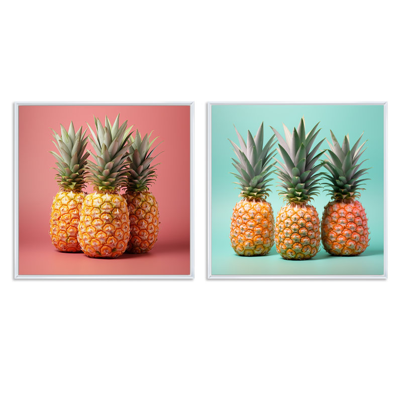 Ananas en saveur pastel - Ensemble de 2 ananas carrés, H 16 po x l 33 po, Cadre flottant blanc