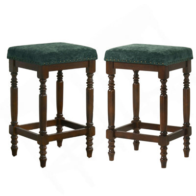 Set Of 2 Rustic Wooden Counter Stools, 26-Inch Farmhouse Barstools With Green Fabric Padded Seat, Nailhead Trim, Distressed Walnut Finish & Turned Legs – Counter-Height Kitchen Seating