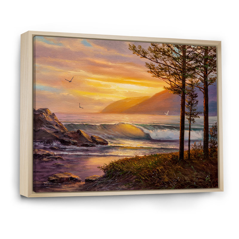 Morning Sunlight On The Sea Waves - Décoration murale nautique et côtière en toile, H 24 po x l 36 po, Cadre naturel flottant