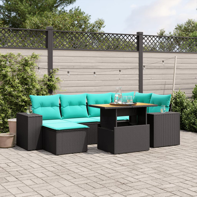  Ensemble de canapé de patio 7 pièces avec coussins en rotin de polyester, Noir, Vert