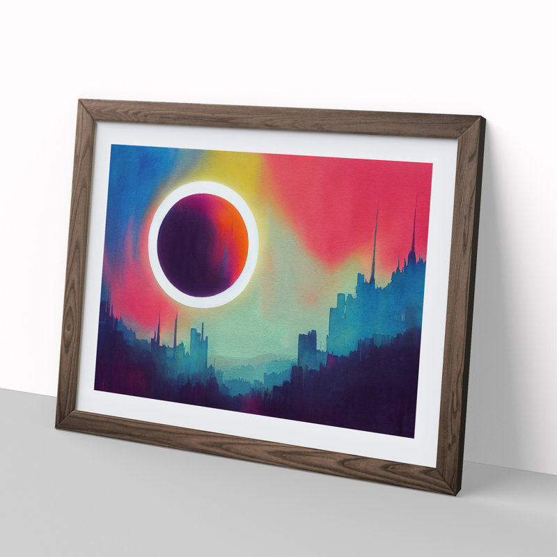 Pretty Watercolour Skyline Abstract 1 Piece Single Picture Frame Painting, 34cm H x 46cm W x 2cm D, Walnut Framed