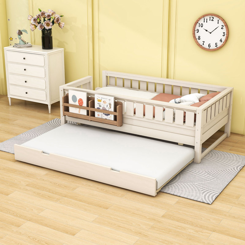 Lit avec étagères intégrées, rails de sécurité et lit gigogne, Beige, Twin