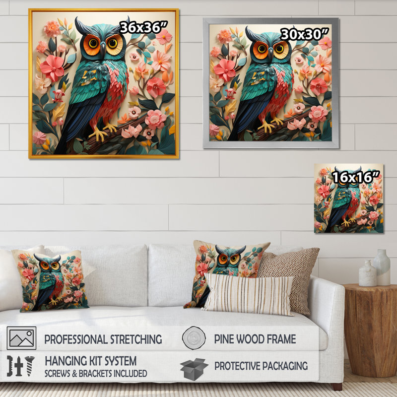 «Pink and Gren Owl In Matisse Style IV», art mural hibou, Cadre flottant doré, H 36 po x l 36 po x P 1,5 po