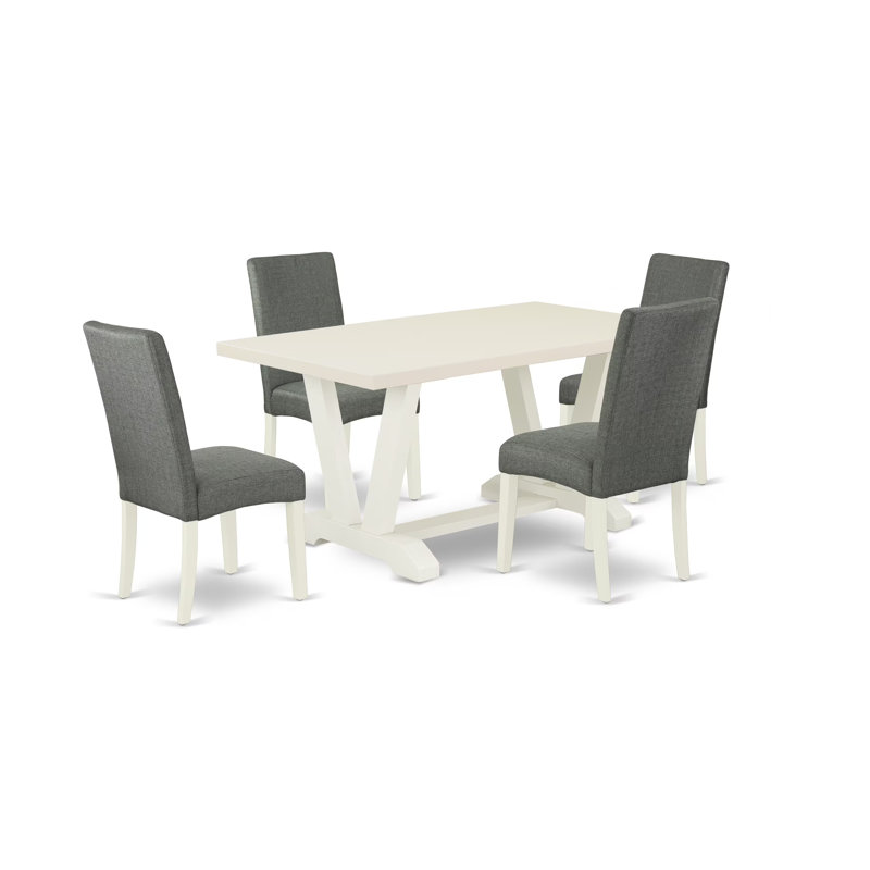 Ensemble de table de cuisine 5 pièces avec un excellent plateau de table en lin blanc cassé (blanc cassé) et 4 chaises Parson gris fumée avec dossier haut de style, finition en lin brossé blanc (blanc cassé)