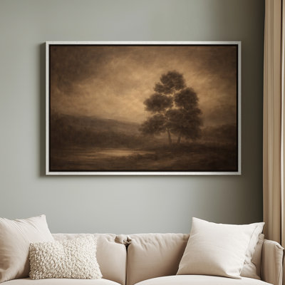 Framed Canvas Wall Art - Sepia Toned Tree Landscape with Quiet Countryside Mood - 16"x24", 24"x36"