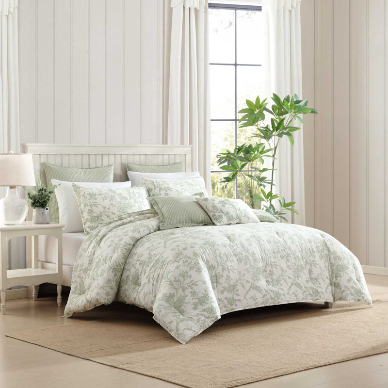 Laura Ashley Natalie Green Cotton Duvet Cover Set, Twin Duvet Cover + 2 Shams