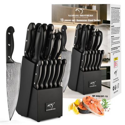 15-Piece Damascus Kitchen Knife Set with Compact Block